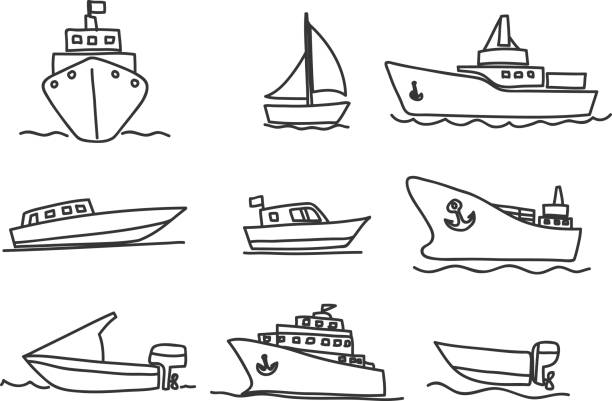 선박 및 보트 아이콘 손으로 그려진된 벡터 아트 그림 설정 - vehicle trailer nautical vessel towing yacht stock illustrations
