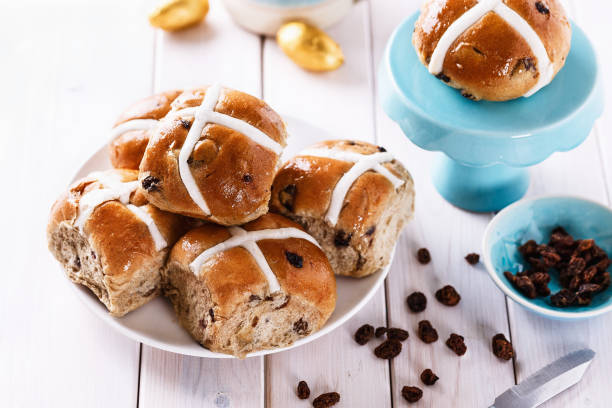 Plate of Easter cross-buns close up