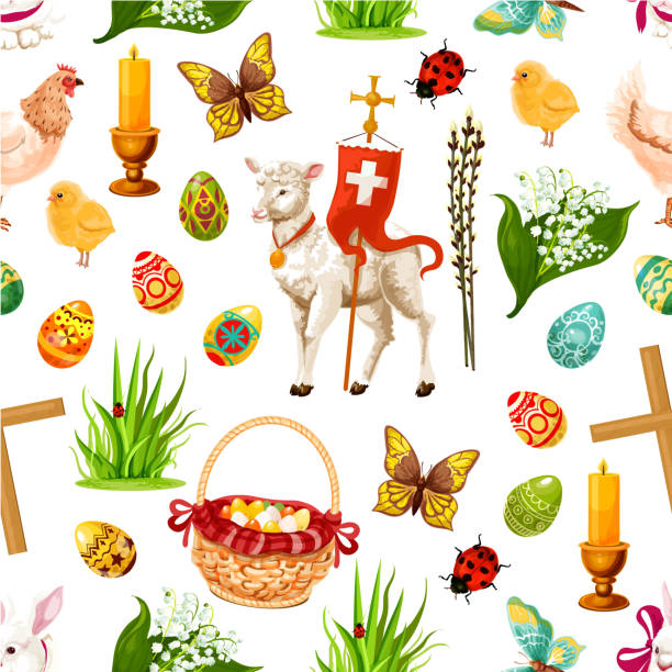 Vector Easter seamless pattern paschal symbols Easter seamless pattern of paschal eggs, flowers lily, tulip and willows, passover God lamb, crucifix crosses with candles and hen chicken chicks. Happy Easter religion holiday vector design pics of a cross easter lilies stock illustrations