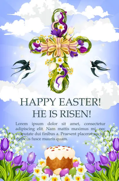 Vector illustration of Easter cross with cake, egg and flower poster