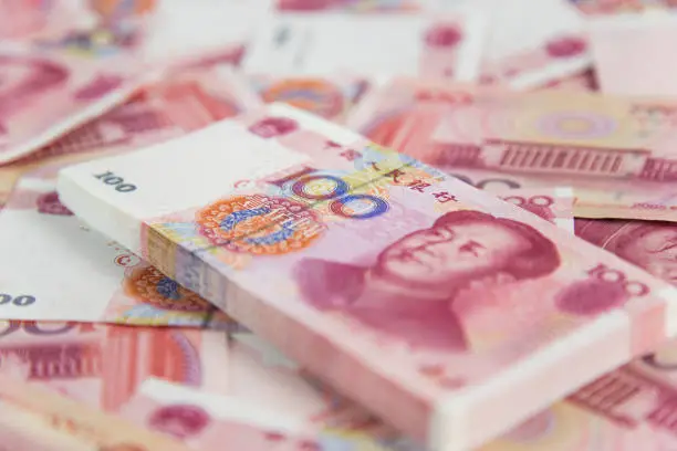 Many of China's one hundred yuan in white background