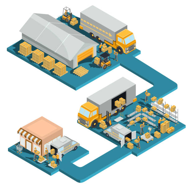 illustrazioni stock, clip art, cartoni animati e icone di tendenza di distribuzione di merci da un magazzino a un negozio - delivery van distribution warehouse vector shipping