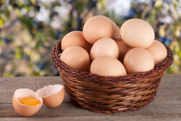 istock eggs in a wicker basket on a wooden board with blurred garden background 656535224