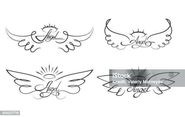 Angel Wings Drawing Vector Illustration Winged Angelic Tattoo Icons Stock Illustration - Download Image Now