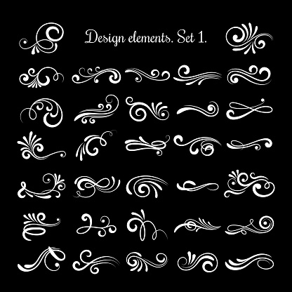 Vector line vintage scroll items for ornate design. Flourish retro lined divider. Filigree scroll swirl of set illustration