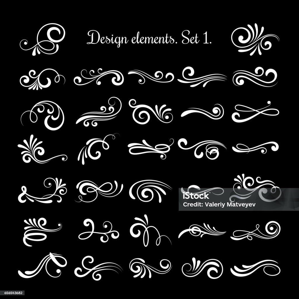 Vector line vintage scroll items for ornate design. Flourish retro lined divider Vector line vintage scroll items for ornate design. Flourish retro lined divider. Filigree scroll swirl of set illustration Flourish - Art stock vector