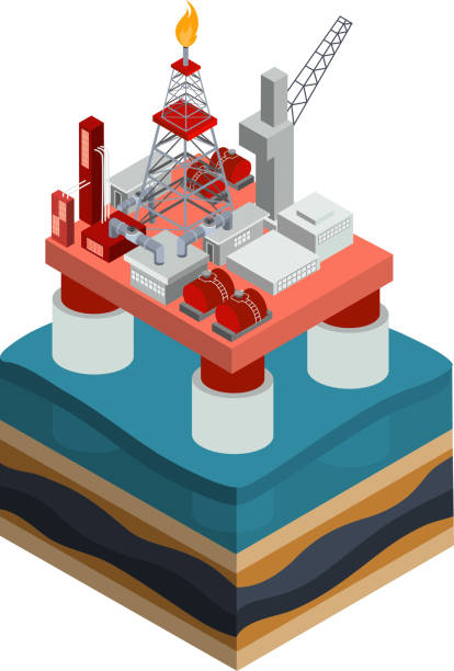 векторная изометрическая нефтедобывающая морская платформа - oil industry oil rig mining oil stock illustrations