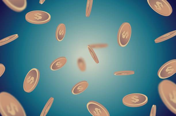 istock Gold coins falling retro background isolated on light in different positions. Festive golden shining money shower turquoise backdrop 656559706