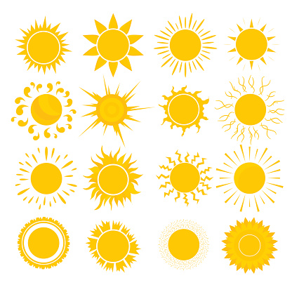 Cartoon Cute Yellow Sun Set Symbol of Warmth, Light and Summer Design Flat Style. Vector illustration