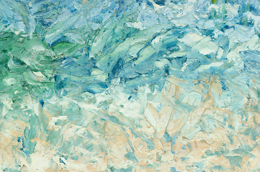 Summer abstract oil paint background. Sky, clouds,sea,beach. Palette knife paint texture.