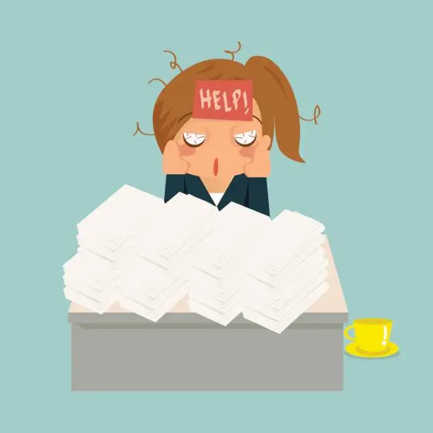 Vector illustration of business woman in office ist desperated and look very sick.