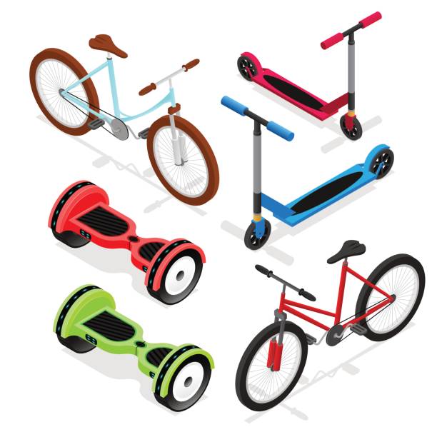 stockillustraties, clipart, cartoons en iconen met fiets set isometrische weergave. vector - zelfbalancerend board