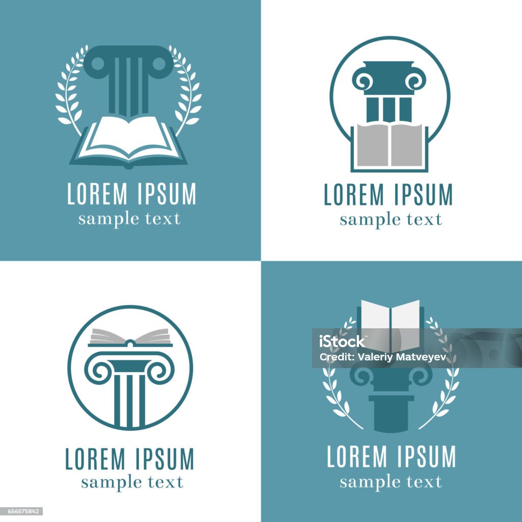 Open books and antique columns icons. Library, university or ancient book store logo set Open books and antique columns icons. Library, university or ancient book store logo set. Emblem with greek architecture pillar illustration Logo stock vector