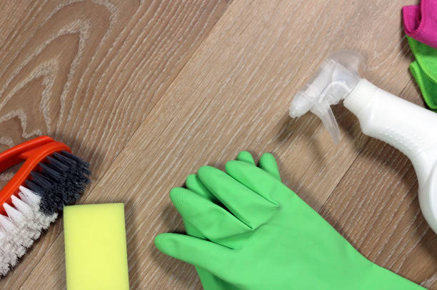 istock Color Cleaning products concept. Wooden floor 656579112