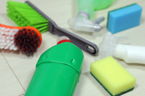istock Color Cleaning products concept. Wooden floor 656579272