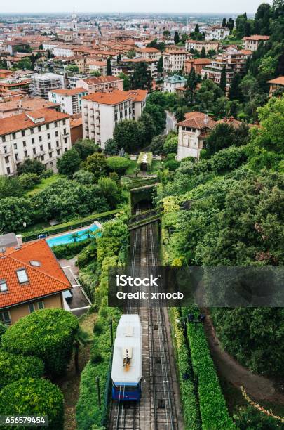 Funicular Citta Alta In Bergamo Scenic View From Old City Beautiful Vertical Travel Postcard Stock Photo - Download Image Now
