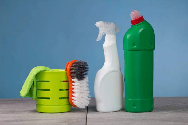istock Color Cleaning products concept. Wooden floor 656579792