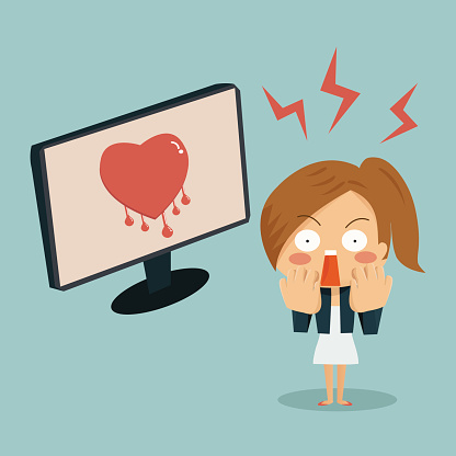 Businesswoman is shocking when she found heartbleed bug in computer, security concept.