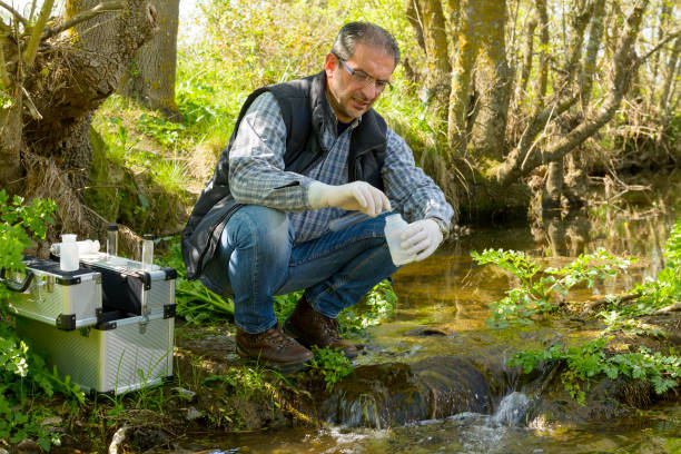 ansicht eines biologen nehmen sie eine probe in einem fluss. - artenschutz stock-fotos und bilder