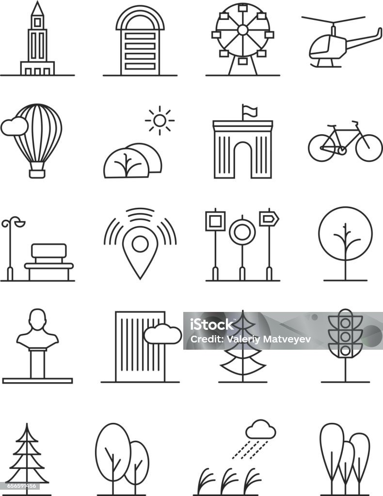 Line art house urban landscape icons. Linear trees and houses, nature city signs Line art house urban landscape icons. Linear trees and houses, nature and city linear signs. Urban landscape home and plant. Vector illustration Architecture stock vector