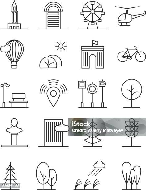 Line Art House Urban Landscape Icons Linear Trees And Houses Nature City Signs Stock Illustration - Download Image Now
