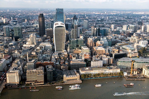 London City skyline with financial buildings including the Walkie Talkie, the Gherkin and Tower 42.