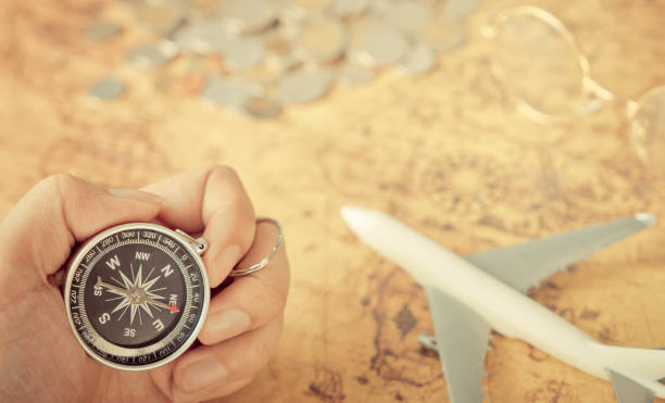 istock Compass and traveler equipment on vintage map with copy space 656602610