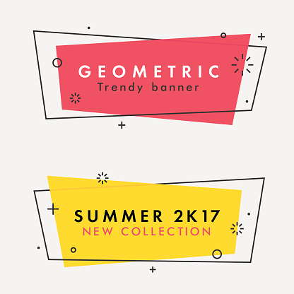 Set of trendy flat geometric vector banners. Vivid transparent banners in retro poster design style. Vintage colors and shapes. Red and yellow colors.