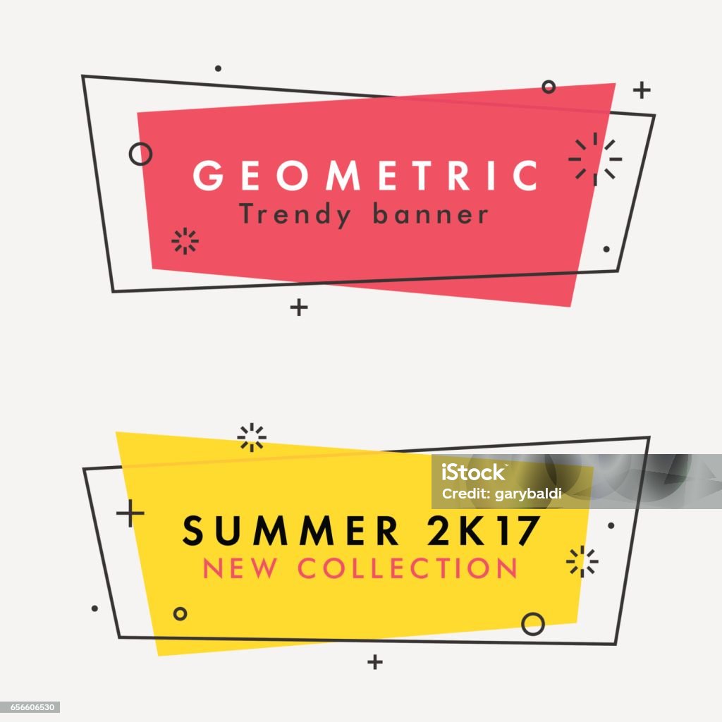 Set of trendy flat geometric vector banners. Set of trendy flat geometric vector banners. Vivid transparent banners in retro poster design style. Vintage colors and shapes. Red and yellow colors. Label stock vector