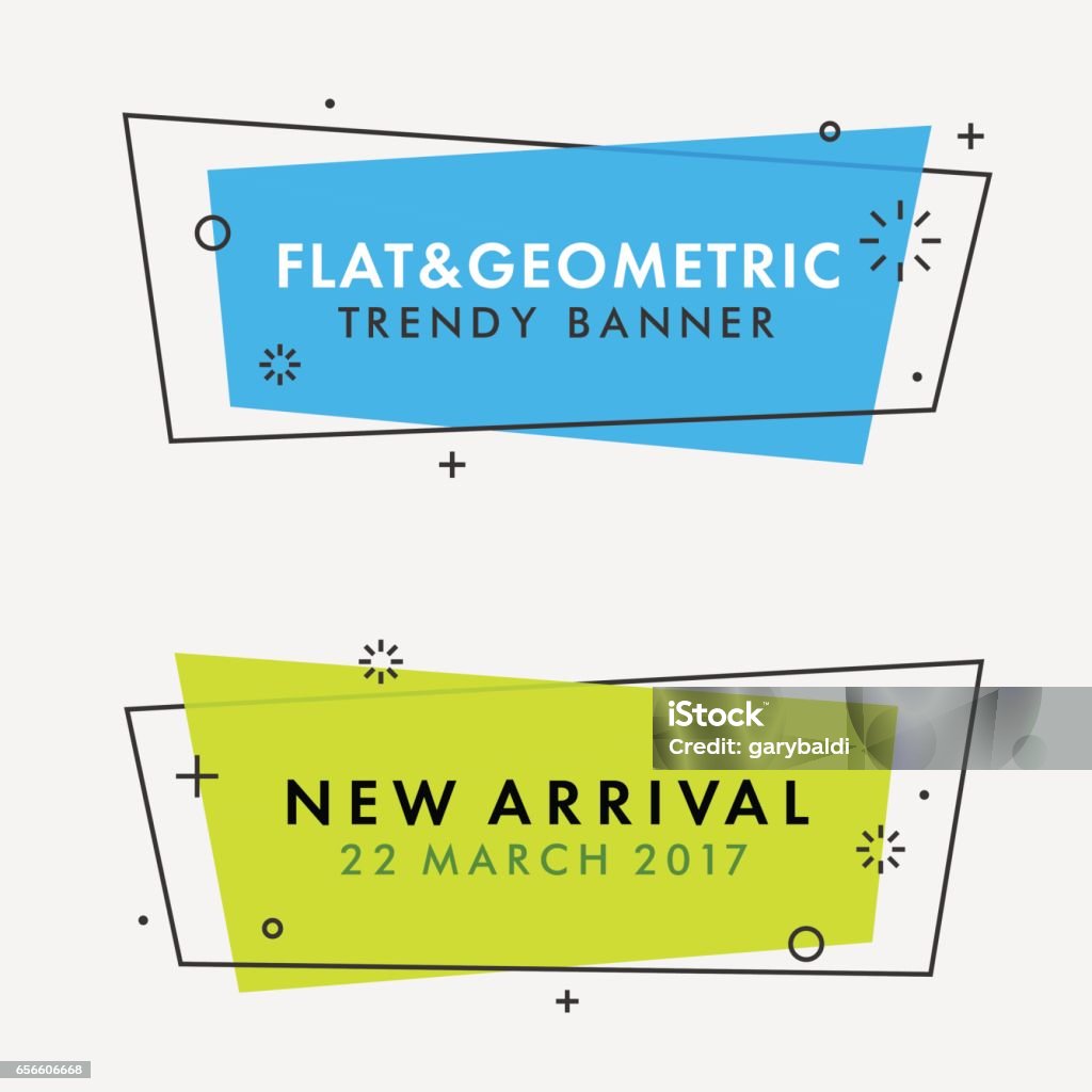 Set of trendy flat geometric vector banners. Set of trendy flat geometric vector banners. Vivid transparent banners in retro poster design style. Vintage colors and shapes. Green and blue banner design. Text stock vector