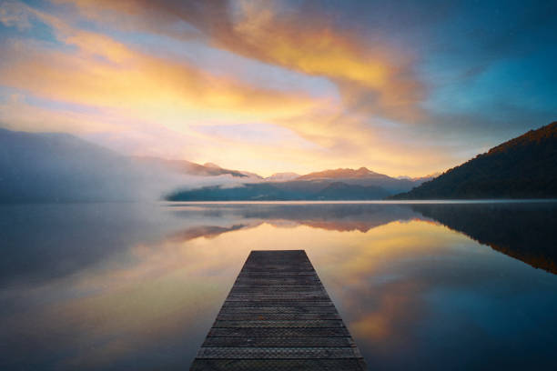 New Zealand's Lake Kaniere At Dawn stock photo