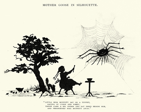 Vintage engraving of a Silhouette from the story of Mother Goose. Little Miss Muffett sat on a tuffet, eating of curds and whay, there came a big spider and sat down beside her, and frightened Miss Muffett away.