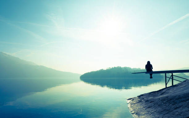 happiness in nature. self-reflection, meditation. - sea zen like landscape water imagens e fotografias de stock