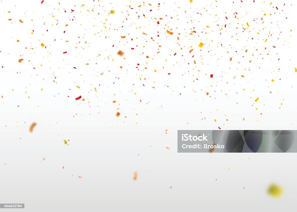 Yellow-red confetti falling randomly. Abstract background with flying particles. Vector illustration can be used for greeting card, carnival, celebration. Confetti stock vector