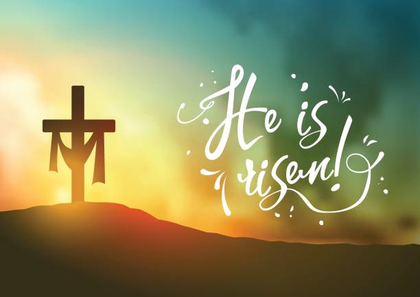 istock Christian easter scene, Saviour's cross on dramatic sunrise scene, with text He is risen, illustration 656634148