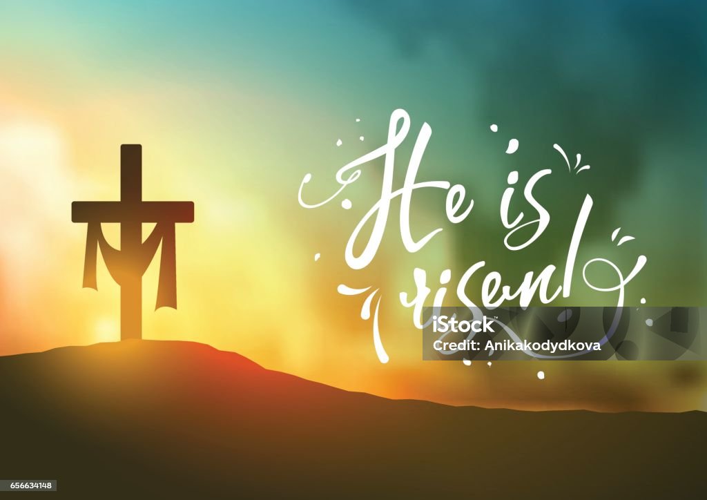 Christian easter scene, Saviour's cross on dramatic sunrise scene, with text He is risen, illustration Christian easter scene, Saviour's cross on dramatic sunrise scene, with text He is risen, horizontal oriented, vector illustration, eps 10 with transparency and gradient meshes Easter stock vector