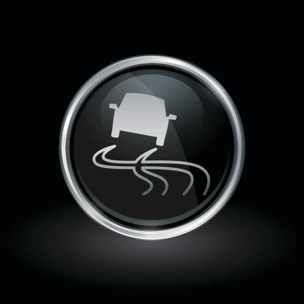 ilustraciones, imágenes clip art, dibujos animados e iconos de stock de icono de control de tracción vehículo interior redondo escudo plata y negro - skidding bend danger curve