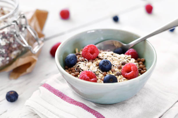 istock Delicious cereal breakfast with bowl and fresh fruits 656635556