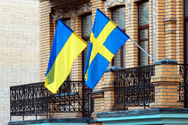 istock Swedish and Ukrainian flags on a balcony in Kiev, Ukraine 656639464