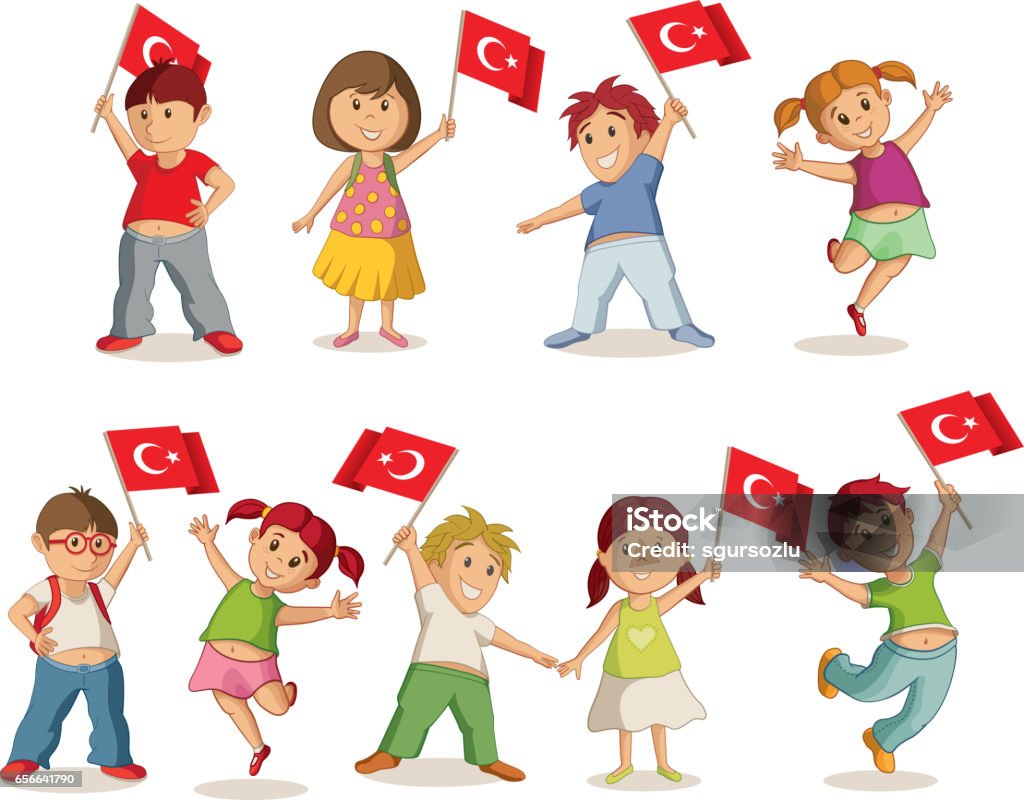 Children with flags Vector illustration of children with Turkish flag. 23 Nisan Çocuk Bayrami, April 23 Turkish National Sovereignty and Children's Day. April stock vector