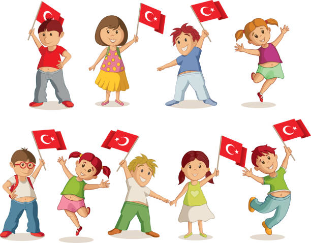 Children with flags vector art illustration