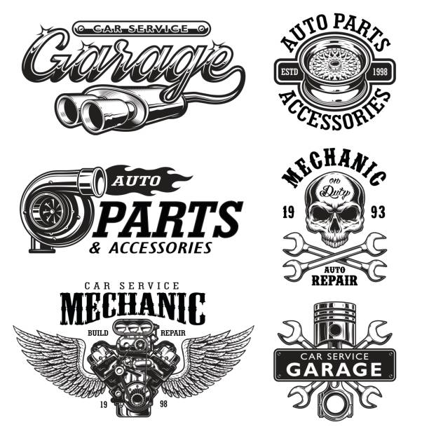 illustrazioni stock, clip art, cartoni animati e icone di tendenza di set di emblemi di riparazione di auto monocromache vintage - gear vector engine machine