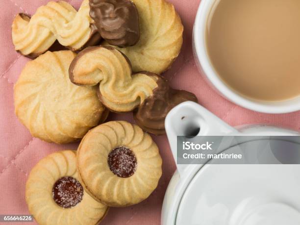 Tea And A Selection Of Biscuits Stock Photo - Download Image Now - Tea - Hot Drink, Jam Cookie, Afternoon Tea