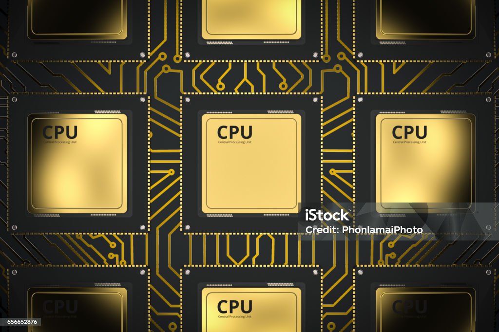 Computer Processor Gold Color Gold Cpu Chips In A Row Stock Photo - Download Image Now - Black Color ...