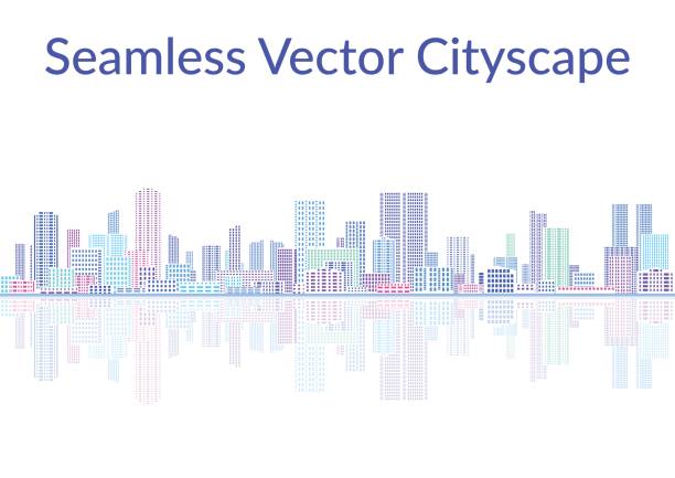 Seamless Landscape, City Horizontal Seamless Landscape, Urban Background, Abstract Colorful City on White with Skyscrapers, Reflecting in the Sea. Vector skyscraper illustrations stock illustrations