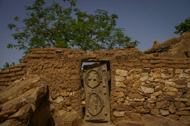 Carved wooden door in Dogon Country, Bandiagara, Mali stock photo