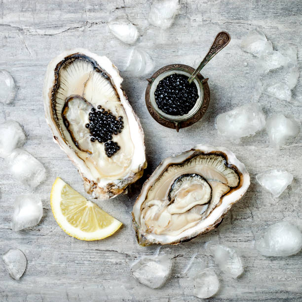 Opened oysters with black sturgeon caviar and lemon on ice on grey concrete background. Top view, flat lay, copy space