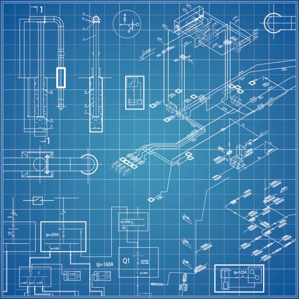 전기 된 벡터 청사진 - computer blueprint engineering plan stock illustrations