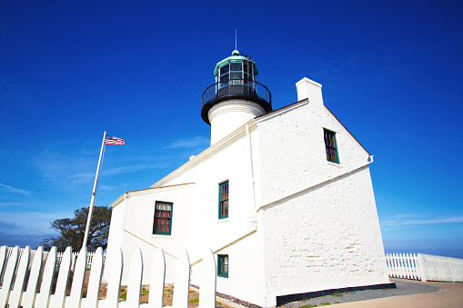 Old Point Loma Lighthouse in San Diego, CA, backdropped by bright blue sky (close-up)