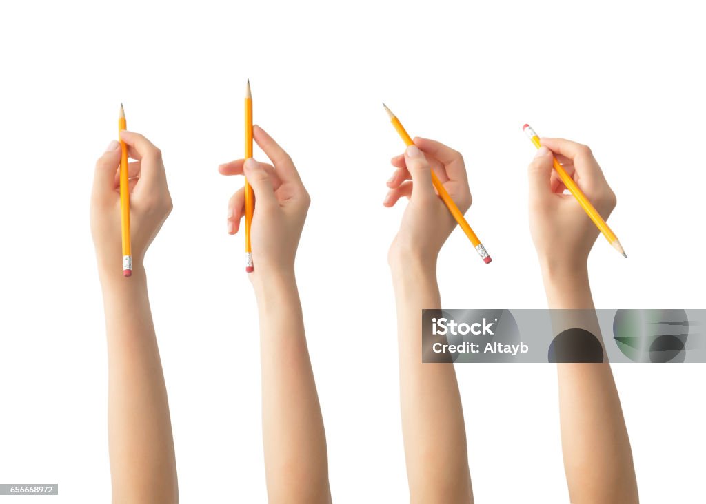 Mains avec jeu de crayons, isolé - Photo de Crayon libre de droits